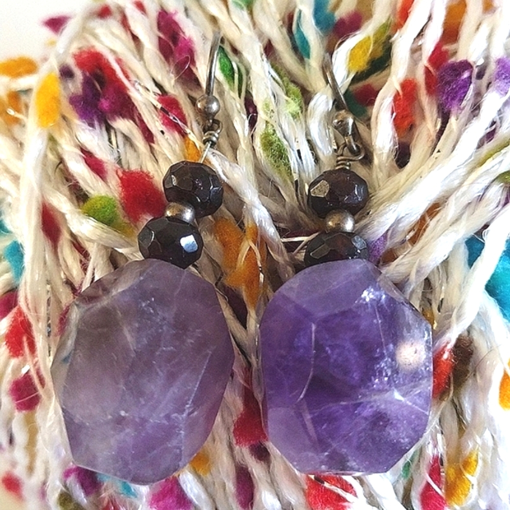 Faceted Red Garnet Chunky Amethyst Dangle Earrings
